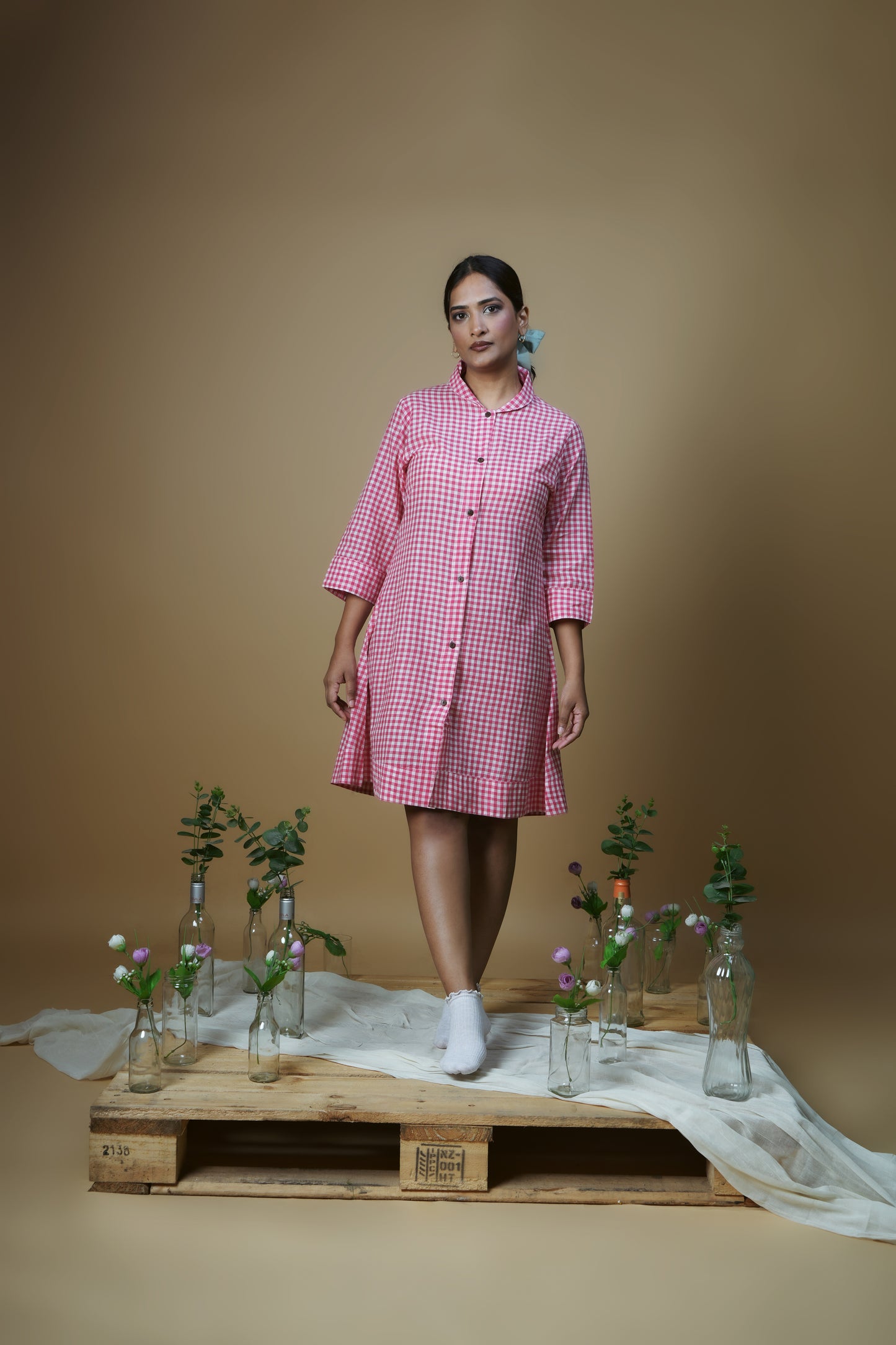 Pink Checks Shirt Dress
