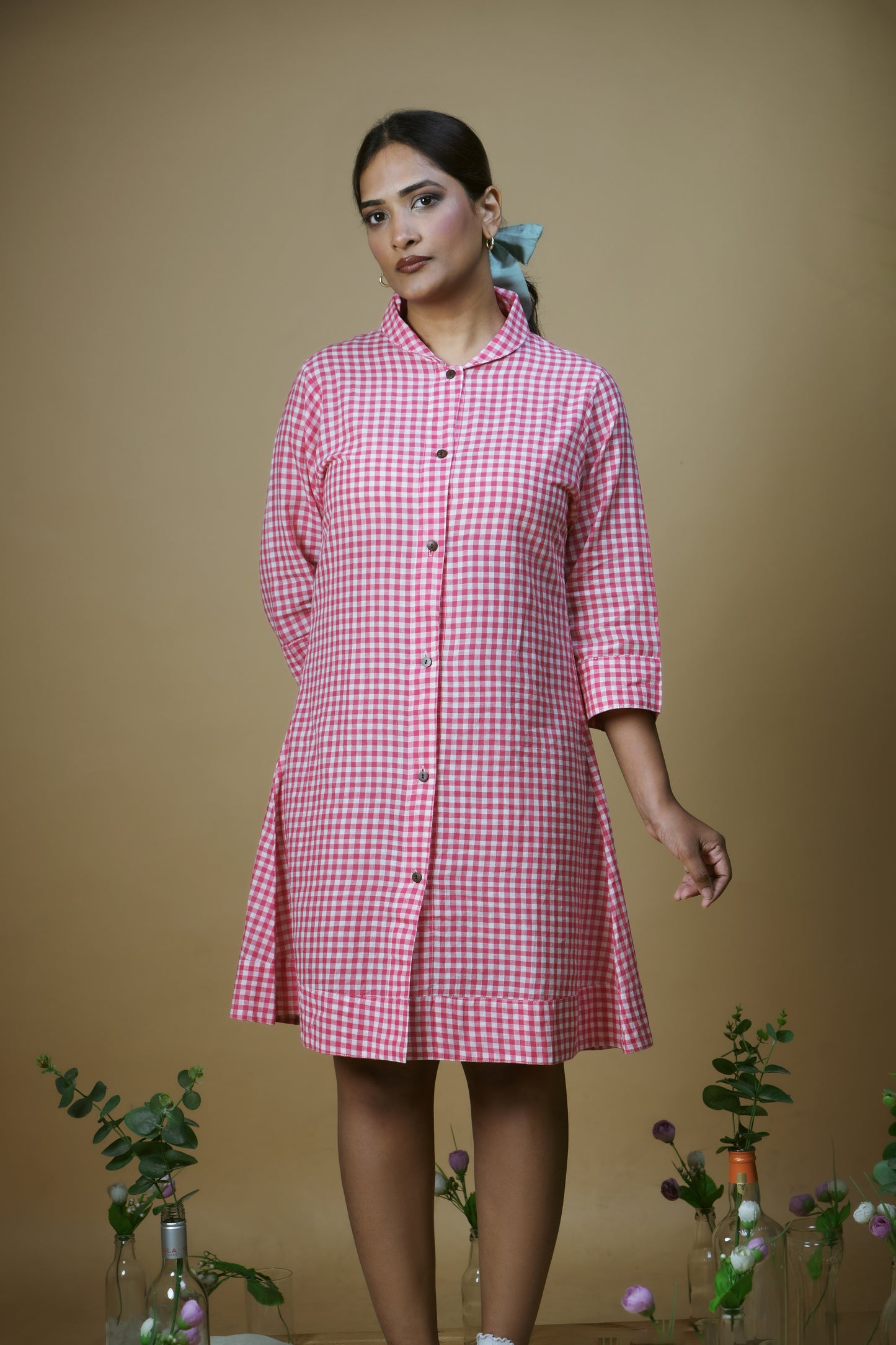 Pink Checks Shirt Dress