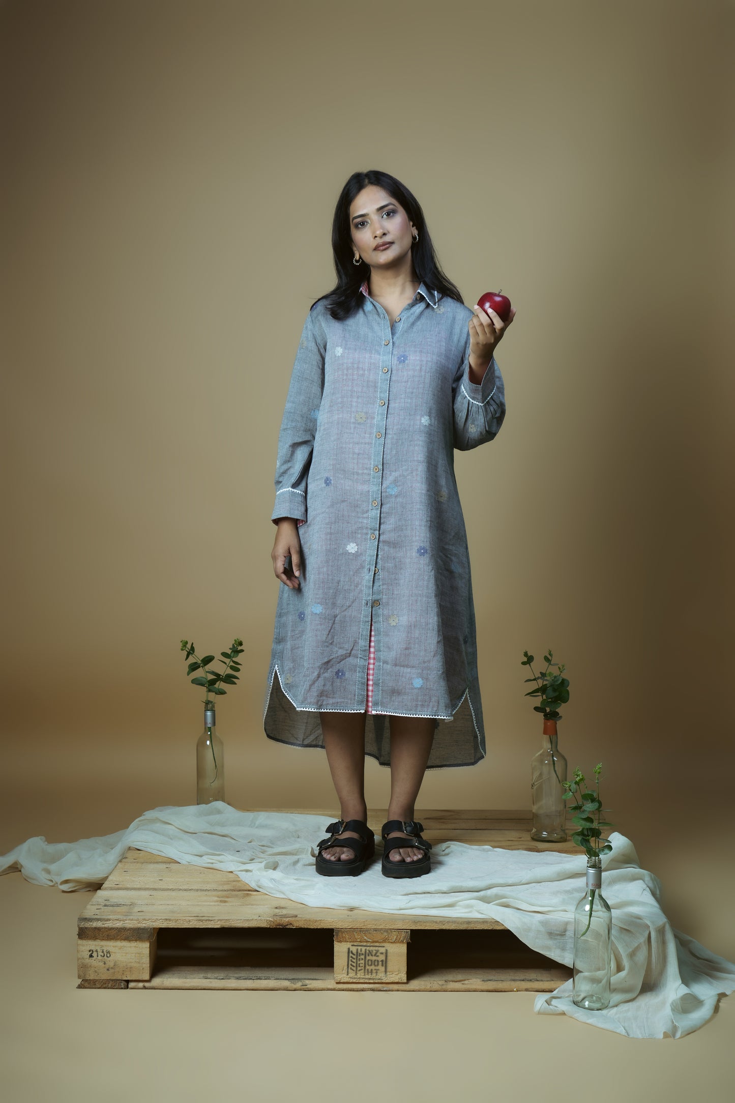 Grey Flower Shirt Dress
