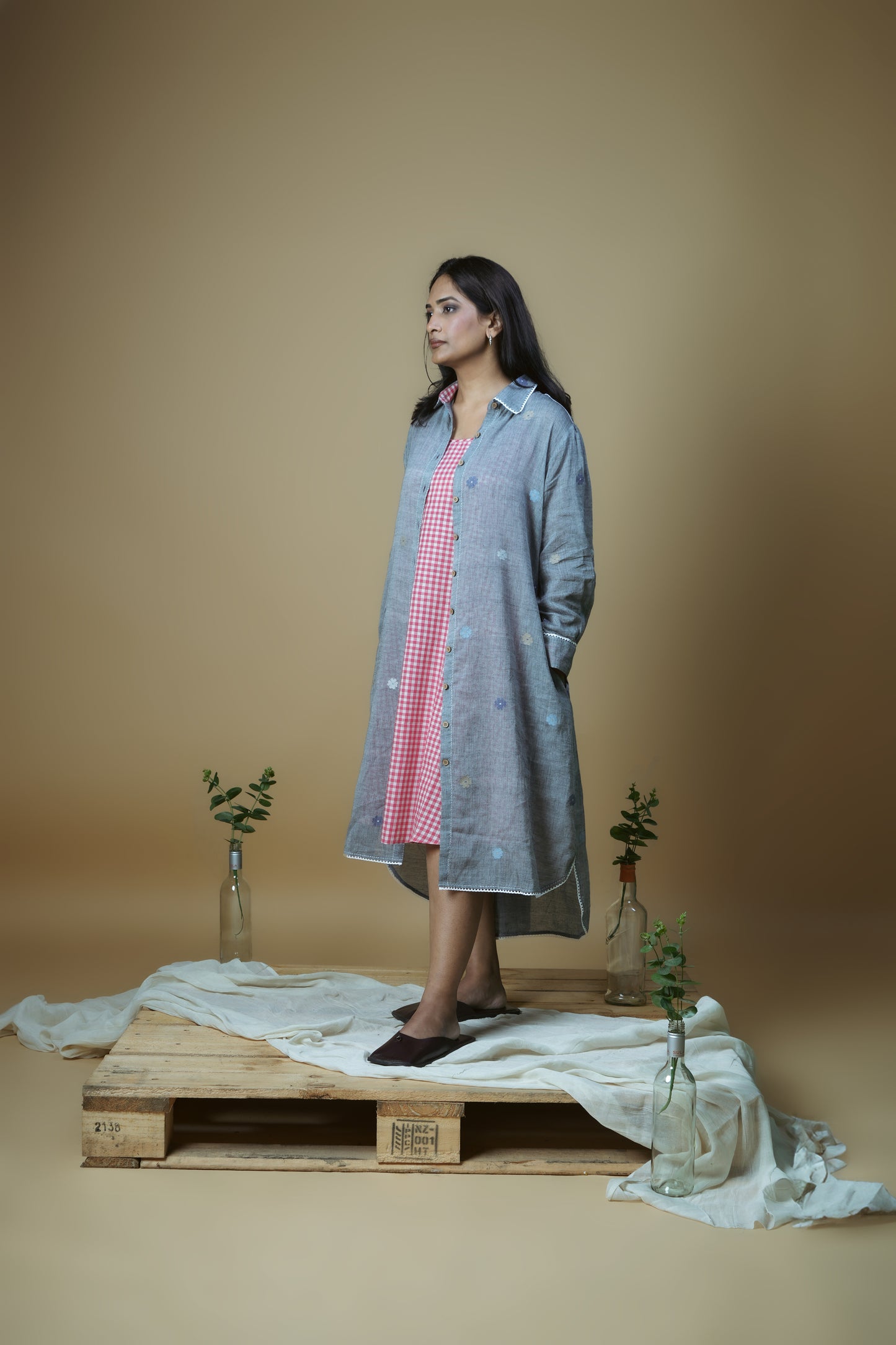 Grey Flower Shirt Dress
