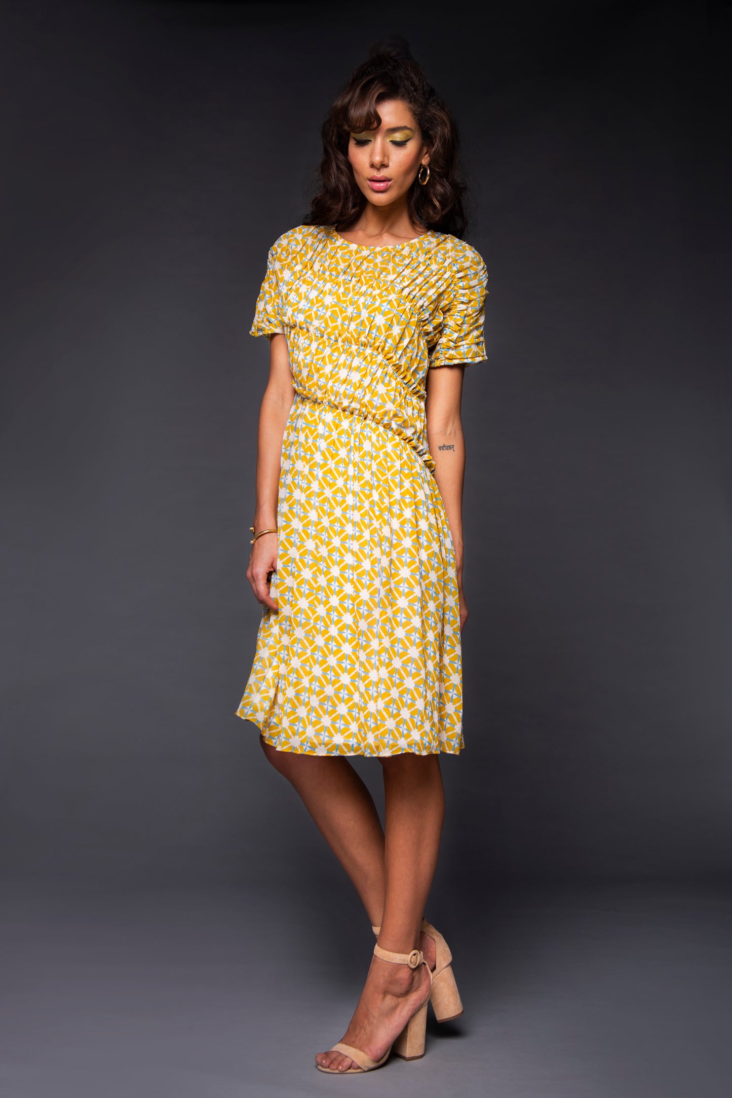 Diagonal ruched printed dress
