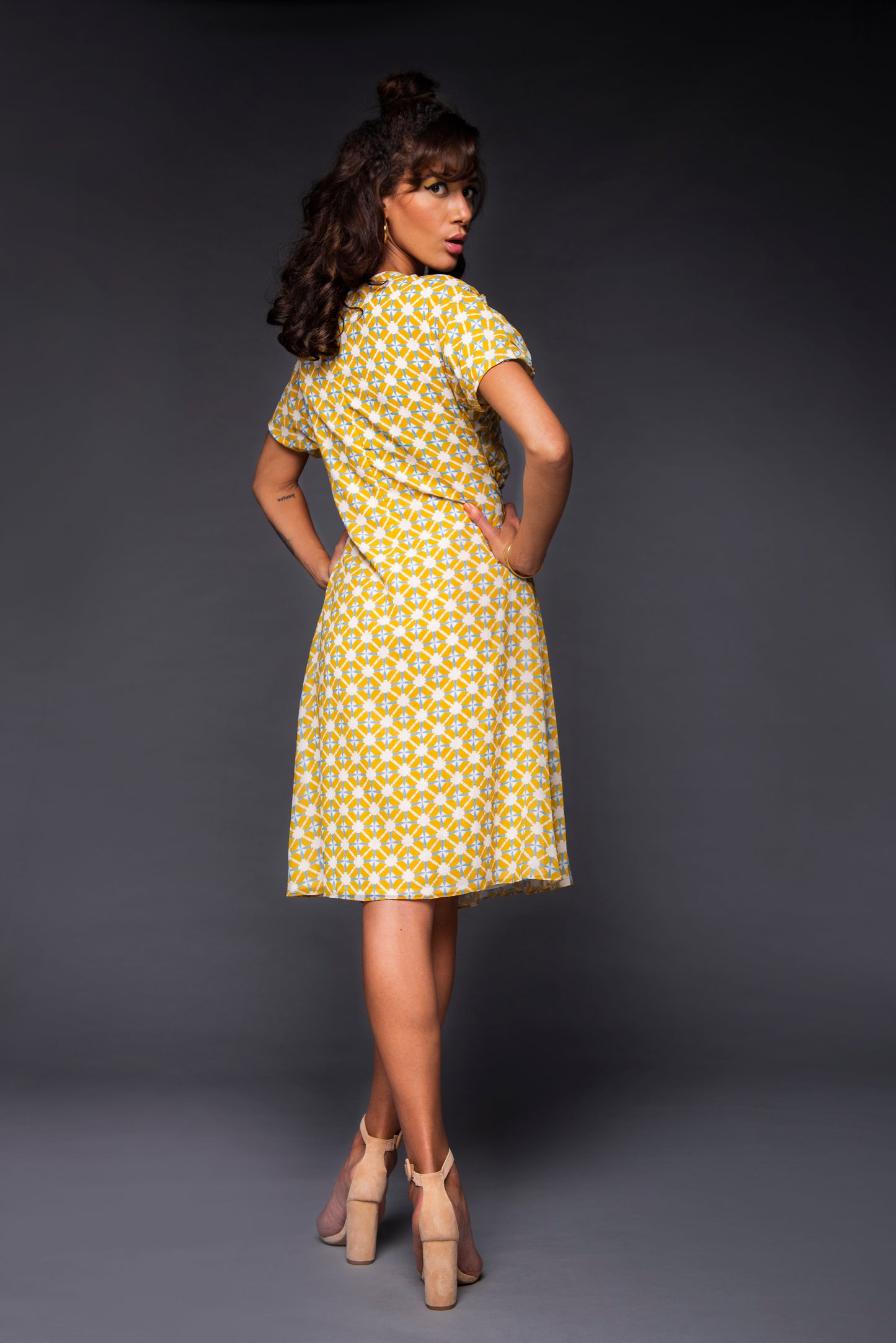 Diagonal ruched printed dress