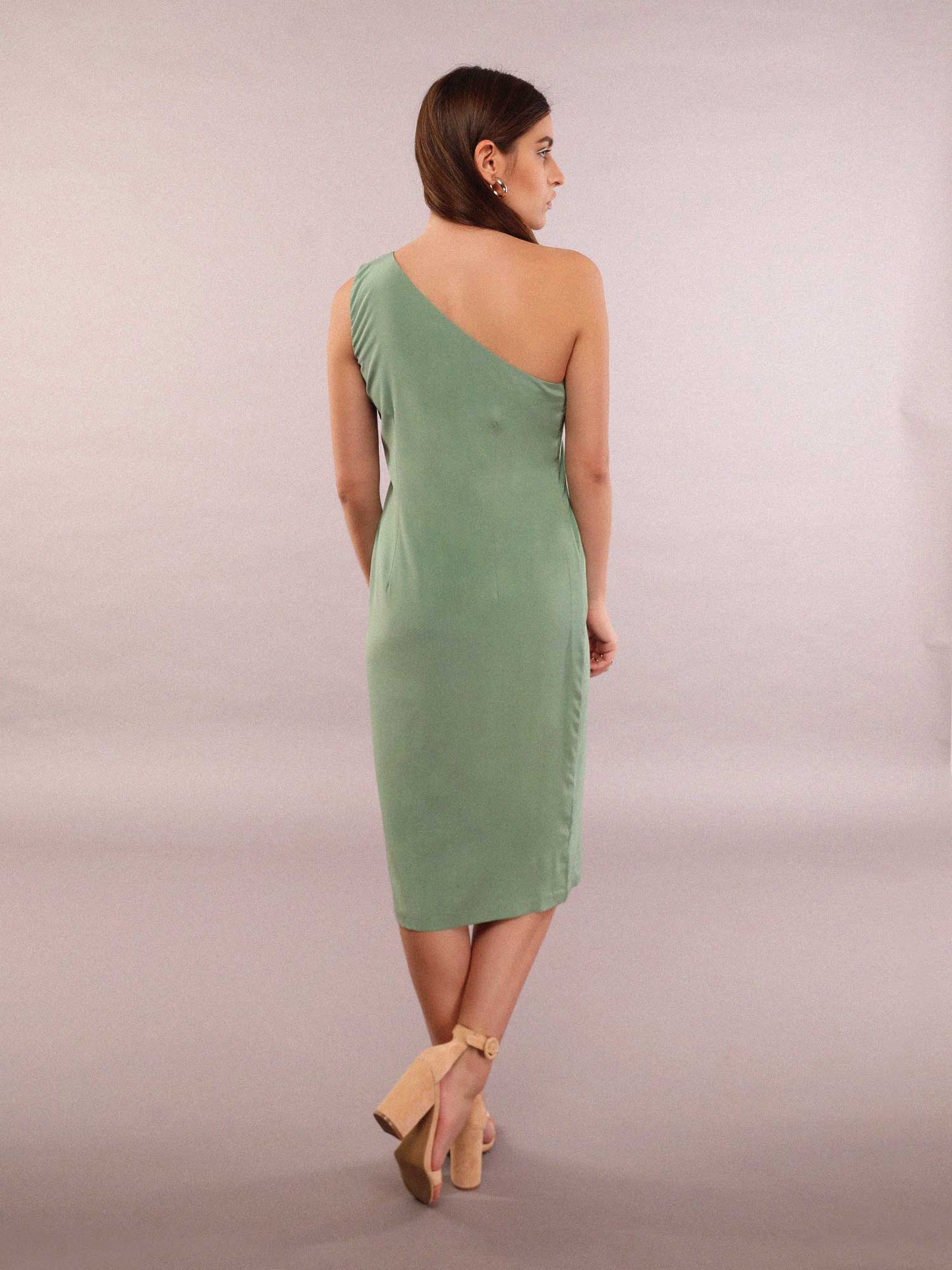 One shoulder midi with leaf pattern