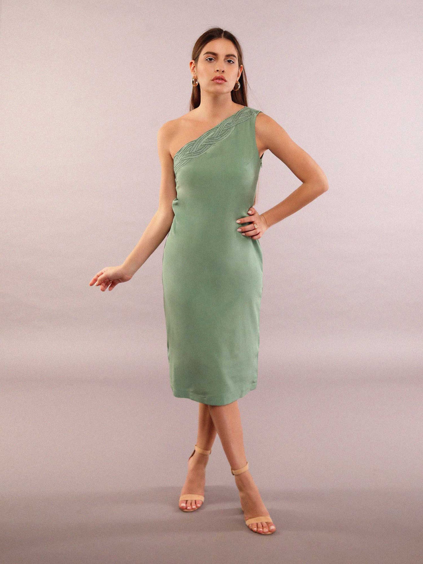 One shoulder midi with leaf pattern