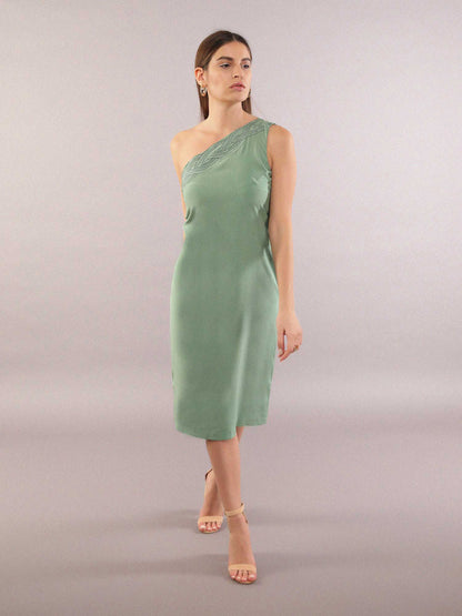 One shoulder midi with leaf pattern